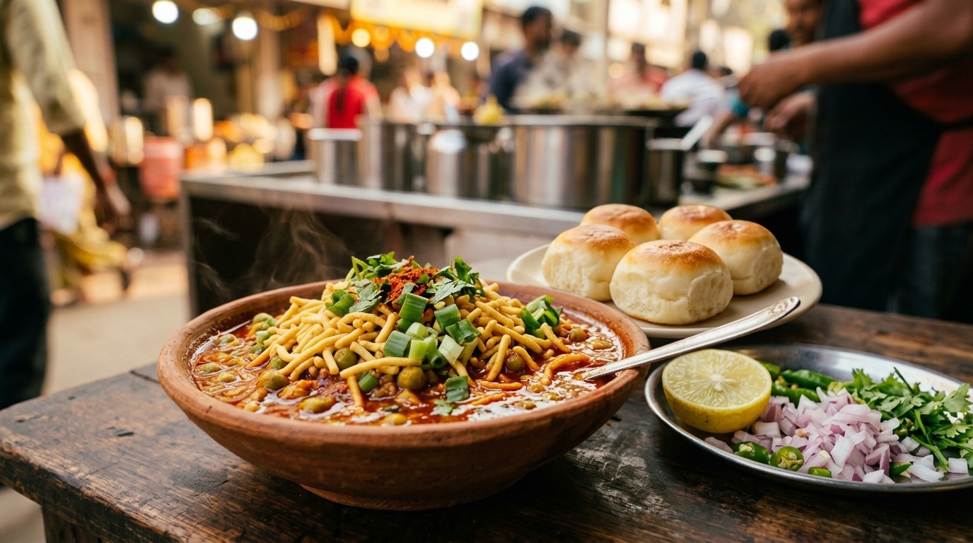 Authentic Jay Mahakali Sev Usal with Boiling Red Tari and Buns